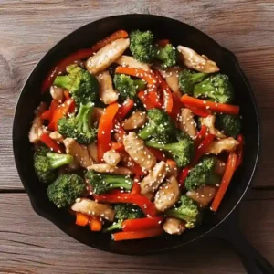 Healthy 20-minute chicken stir fry with broccoli and red bell peppers in a skillet