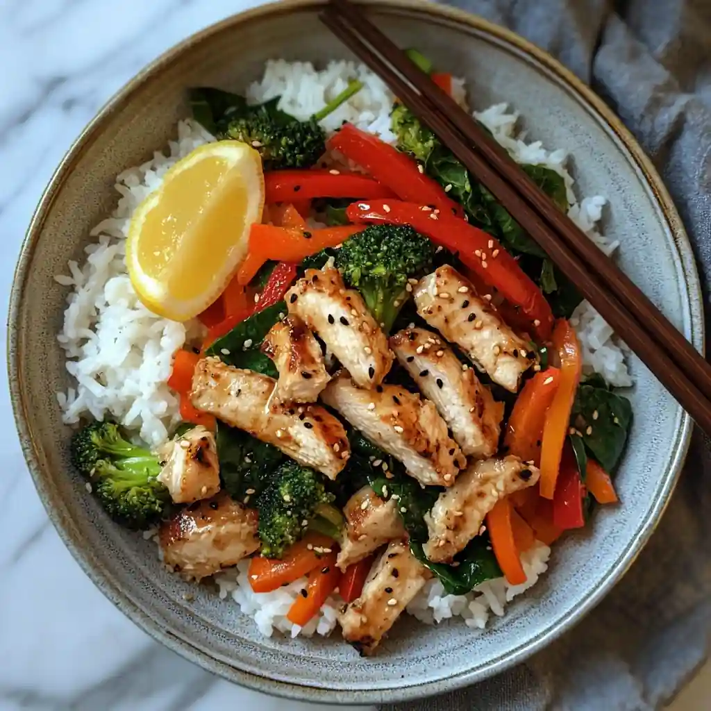 Healthy chicken stir fry with vegetables and rice served in a bowl with lemon slice
