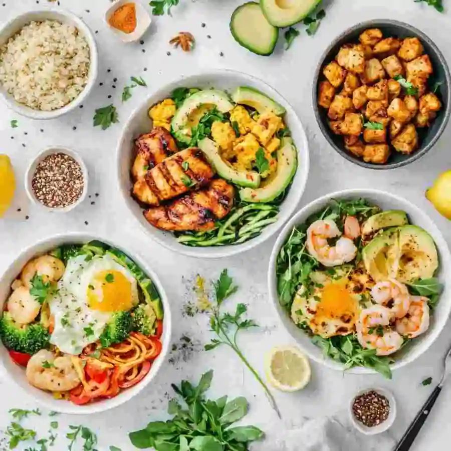Flat lay of colorful protein-packed meal prep bowls featuring grilled chicken, shrimp, avocado, eggs, vegetables, and quinoa on a white background