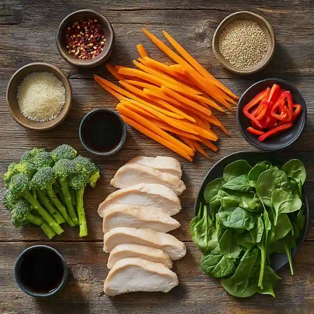 Fresh stir fry ingredients including chicken, spinach, broccoli, carrots, and sauces