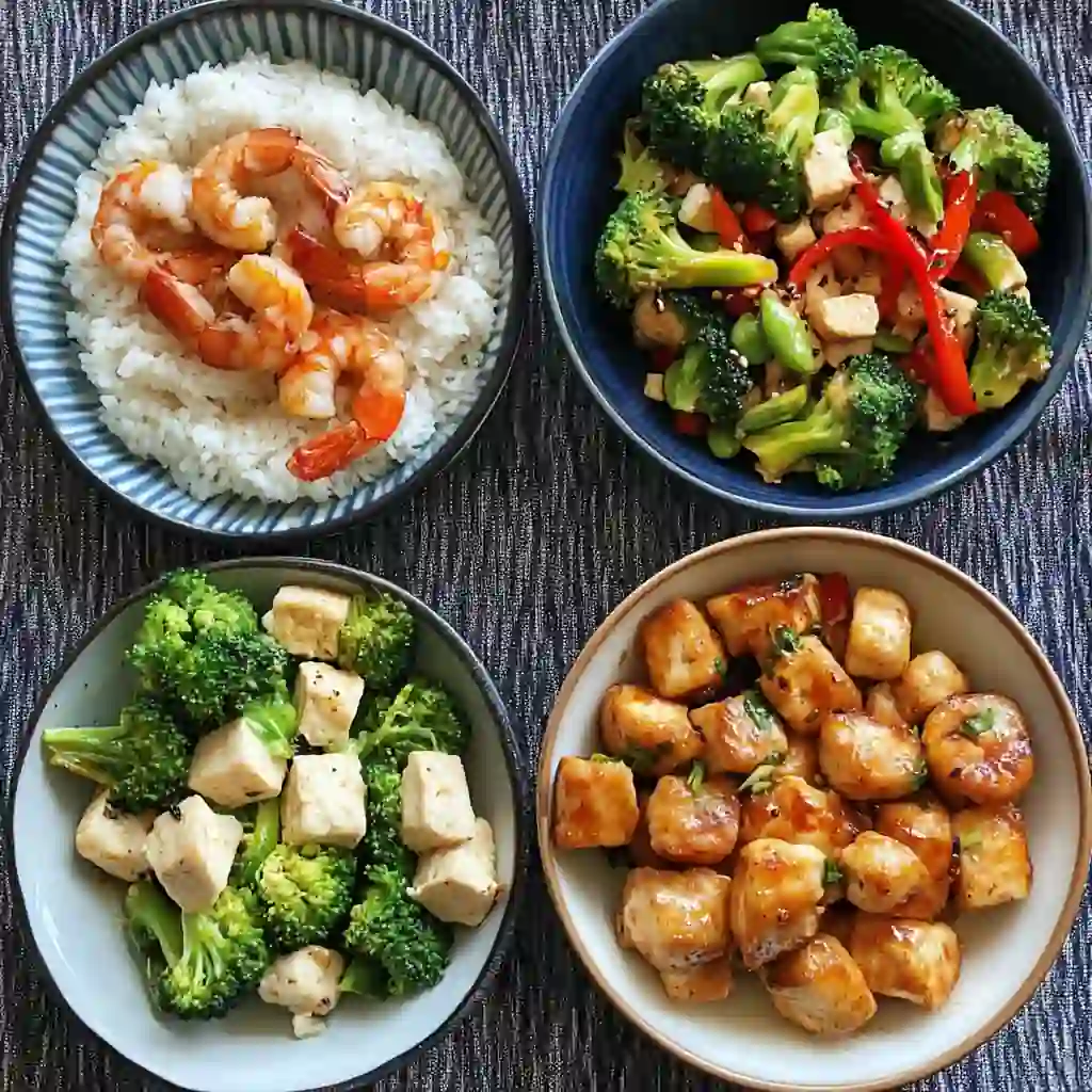 Plates of 10-minute low carb dinners with protein and vegetables