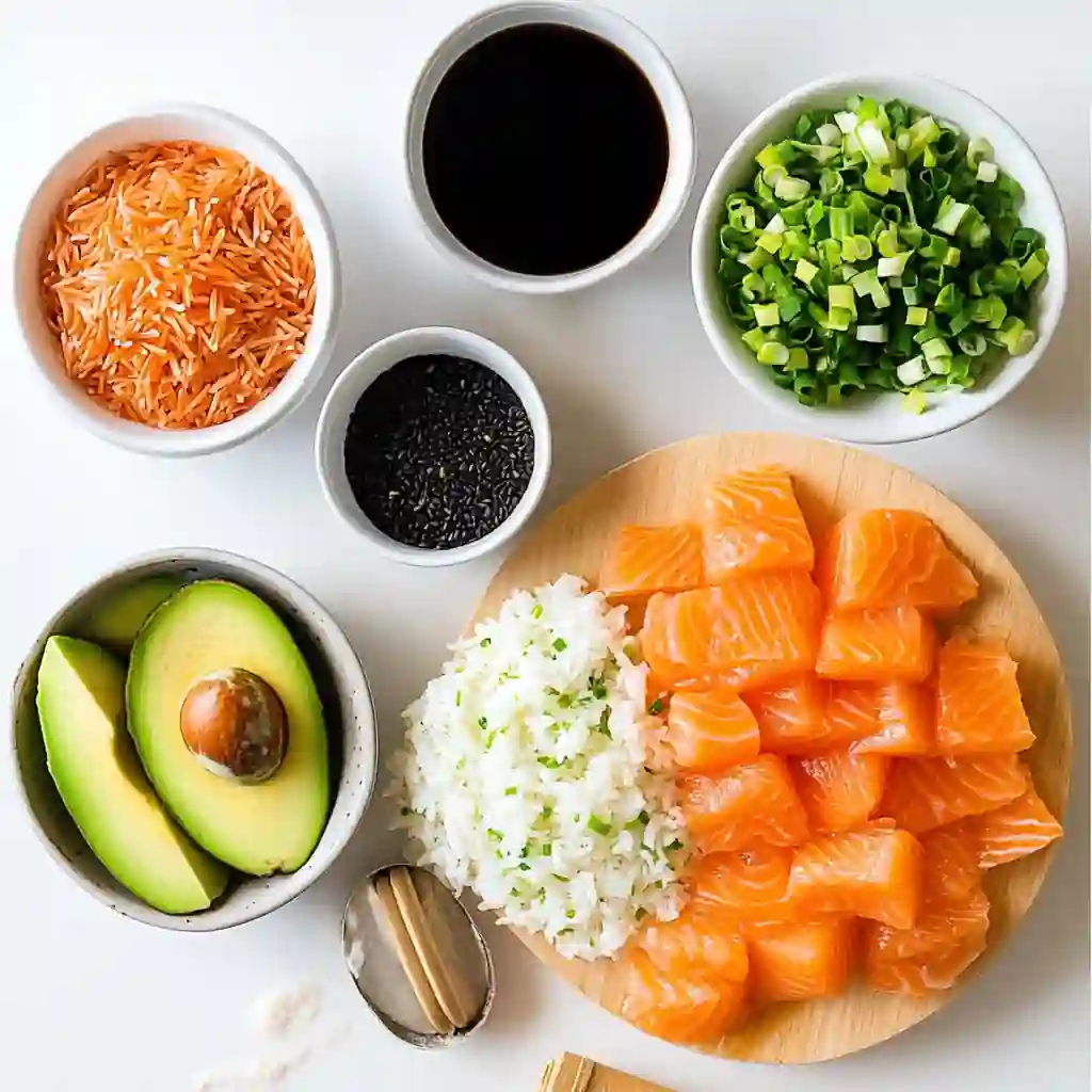 ingredients for salmon rice cups flatlay
