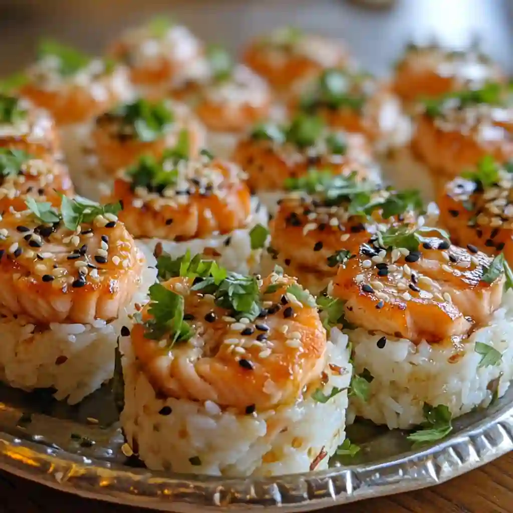 party platter with salmon rice cups and toppings