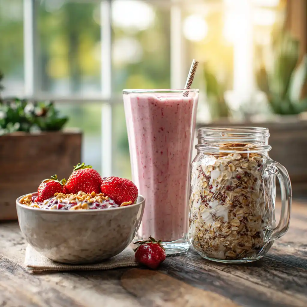 high protein breakfast no eggs recipes arranged on rustic table