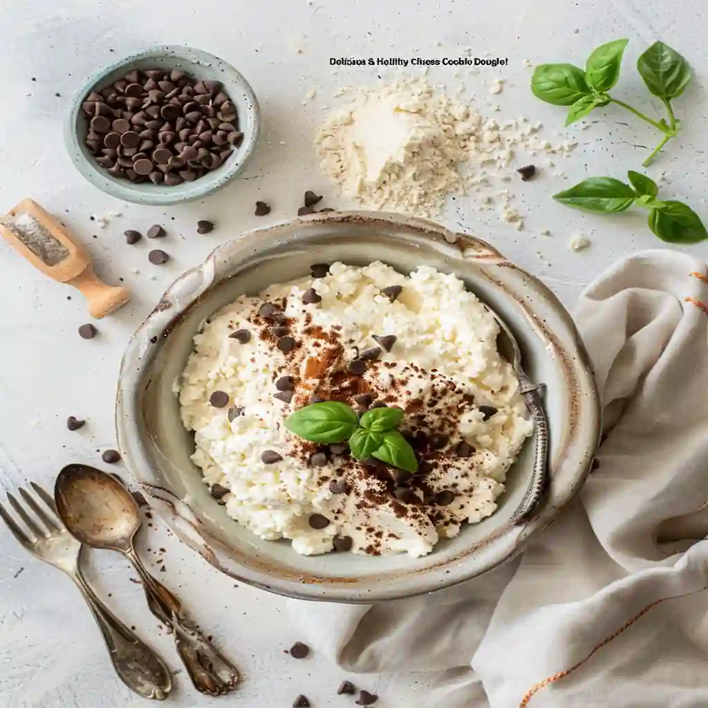 Bowl of creamy cottage cheese cookie dough with chocolate chips, a high-protein no-bake dessert recipe on a clean light background.