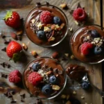Glass cups filled with rich keto chocolate avocado mousse, topped with raspberries, blueberries, chopped nuts, and chocolate shavings on a rustic wooden surface.