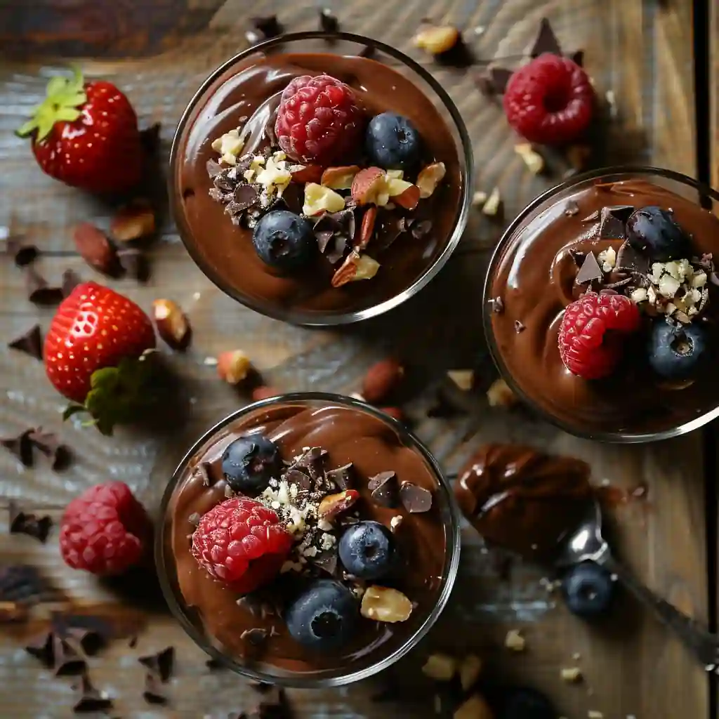 Glass cups filled with rich keto chocolate avocado mousse, topped with raspberries, blueberries, chopped nuts, and chocolate shavings on a rustic wooden surface.