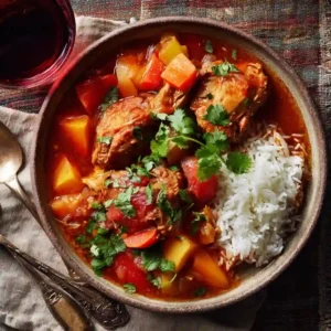 easy crockpot recipes: A bowl of slow-cooked chicken stew served with white rice, carrots, potatoes, and garnished with fresh cilantro