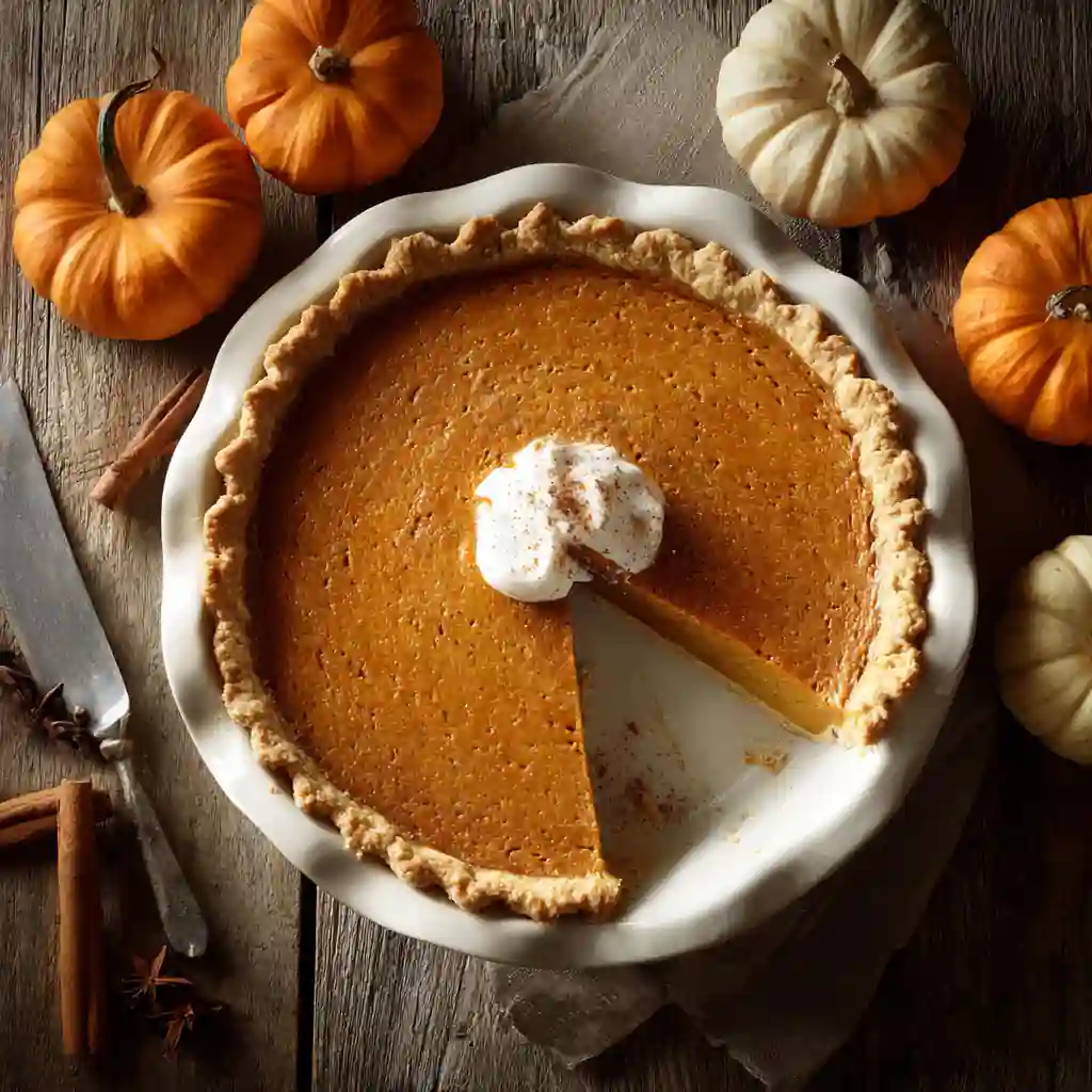 Whole cottage cheese pumpkin pie with a slice missing