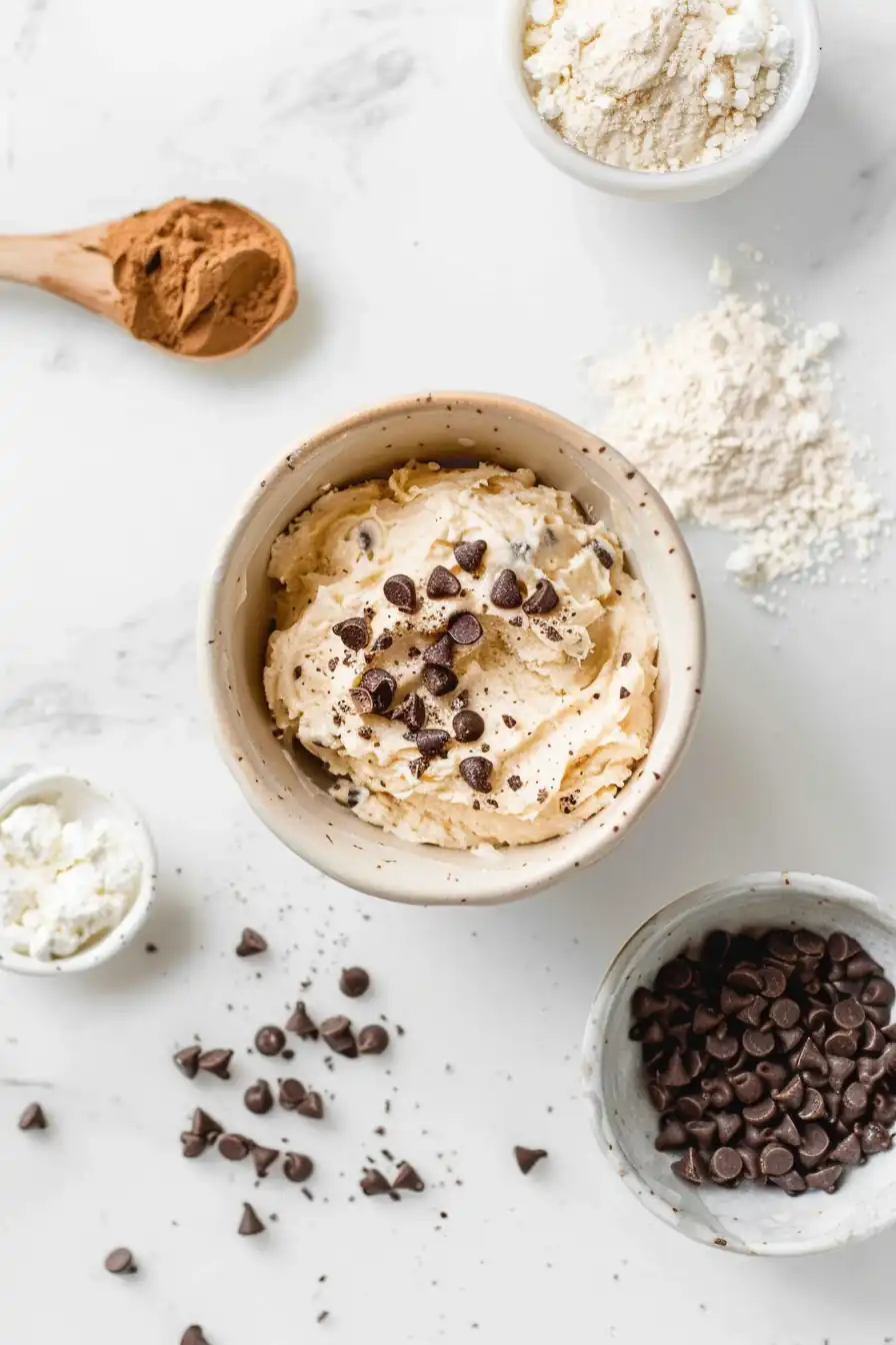 Healthy no-bake cottage cheese cookie dough in a bowl with chocolate chips