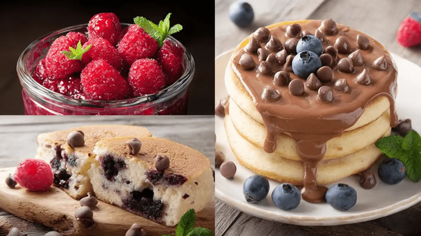 Vibrant collage featuring fluffy cottage cheese pancakes with fresh blueberries, raspberries, and melted chocolate.