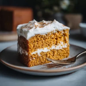 A delicious slice of frosted pumpkin cake recipe on a rustic plate with a fork.