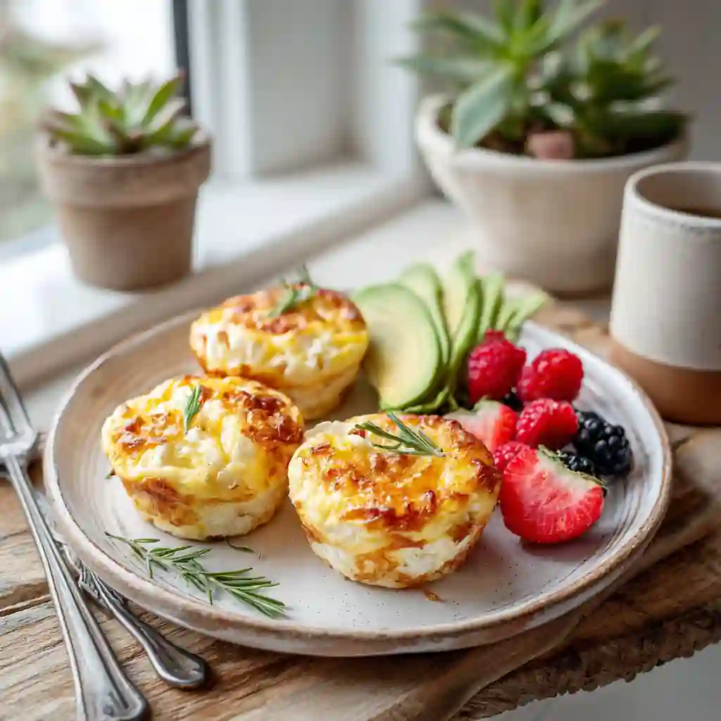 Cottage cheese egg muffins served with fruit and avocado