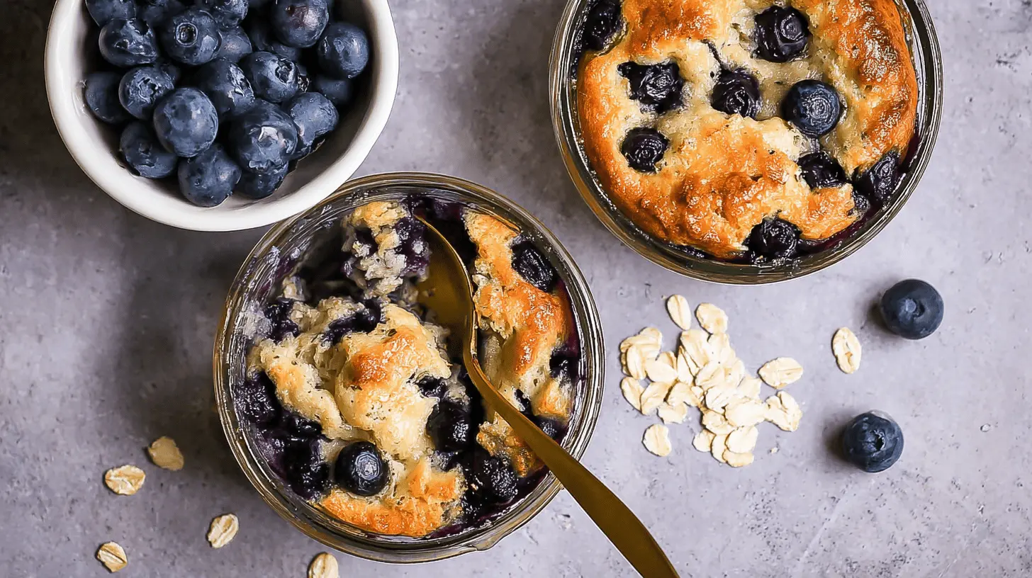 Overhead view of two baked blueberry oat crumbles in ramekins with fresh blueberries and oats, representing a wholesome blueberry cottage cheese breakfast bake recipe.