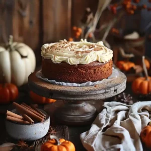 A rustic spiced cake with cream frosting displayed on a wooden stand, surrounded by pumpkins, cinnamon sticks, and autumn decor.
