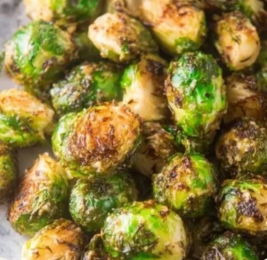 Keto Brussels Sprouts dish with crispy edges and a vibrant green color