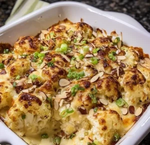 Keto Cauliflower Gratin with Crunchy Almond Topping in a baking dish