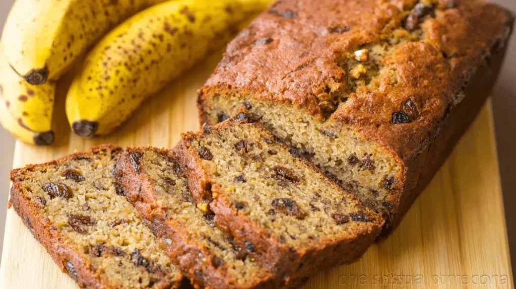 A warm, golden-brown loaf of homemade pumpkin banana bread with fresh slices and ripe bananas on a wooden board.