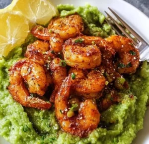 Delicious spicy garlic shrimp served with creamy broccoli mash on a plate.