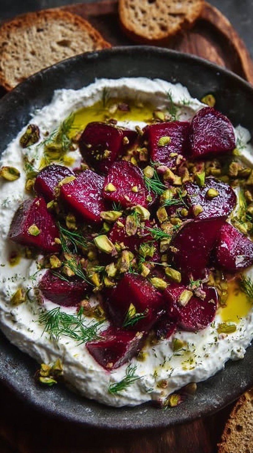 Creamy Whipped Feta with Marinated Beets and Crunchy Pistachios