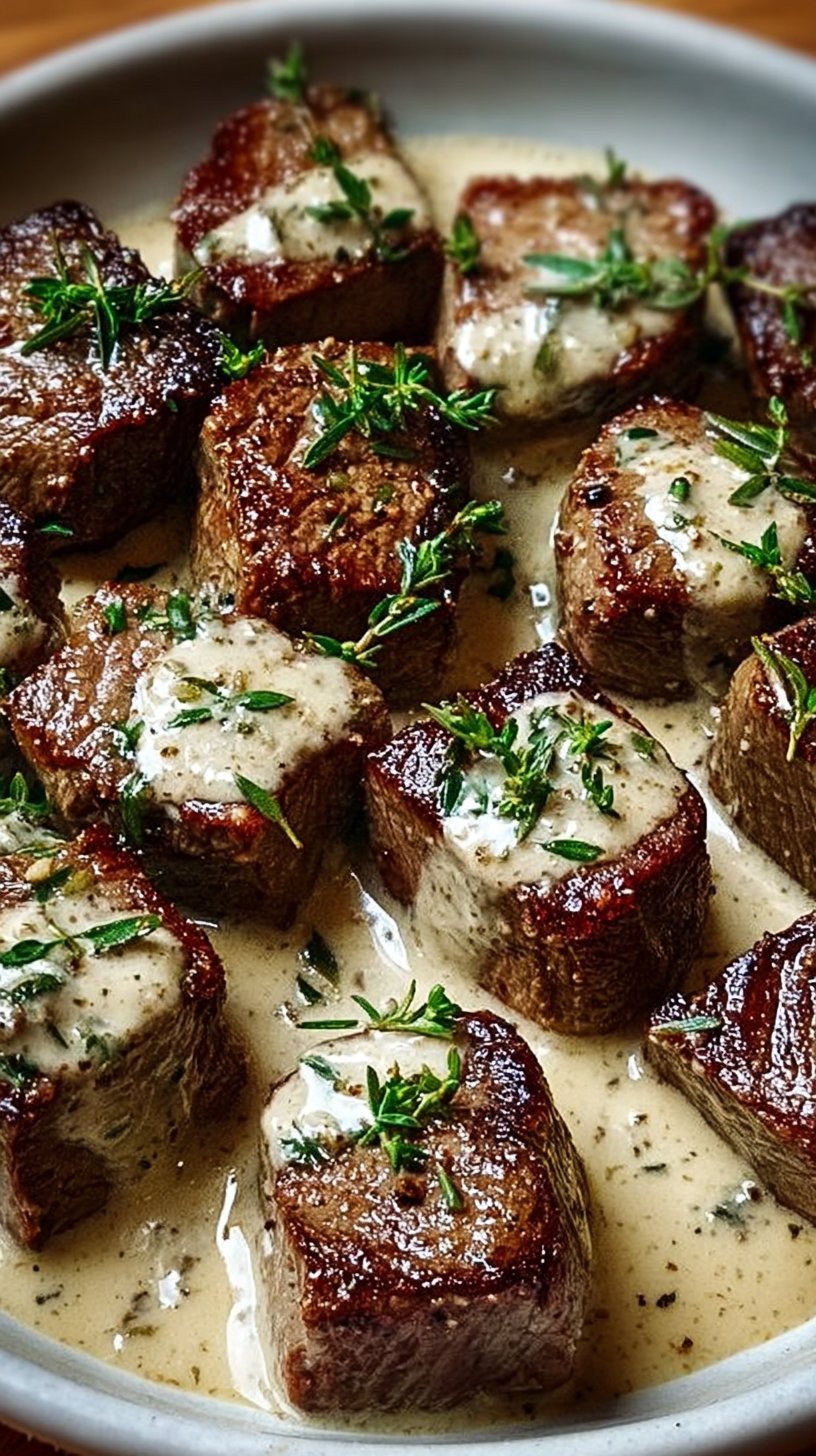 Tender Steak Bites in Garlic Butter with Creamy Parmesan Sauce