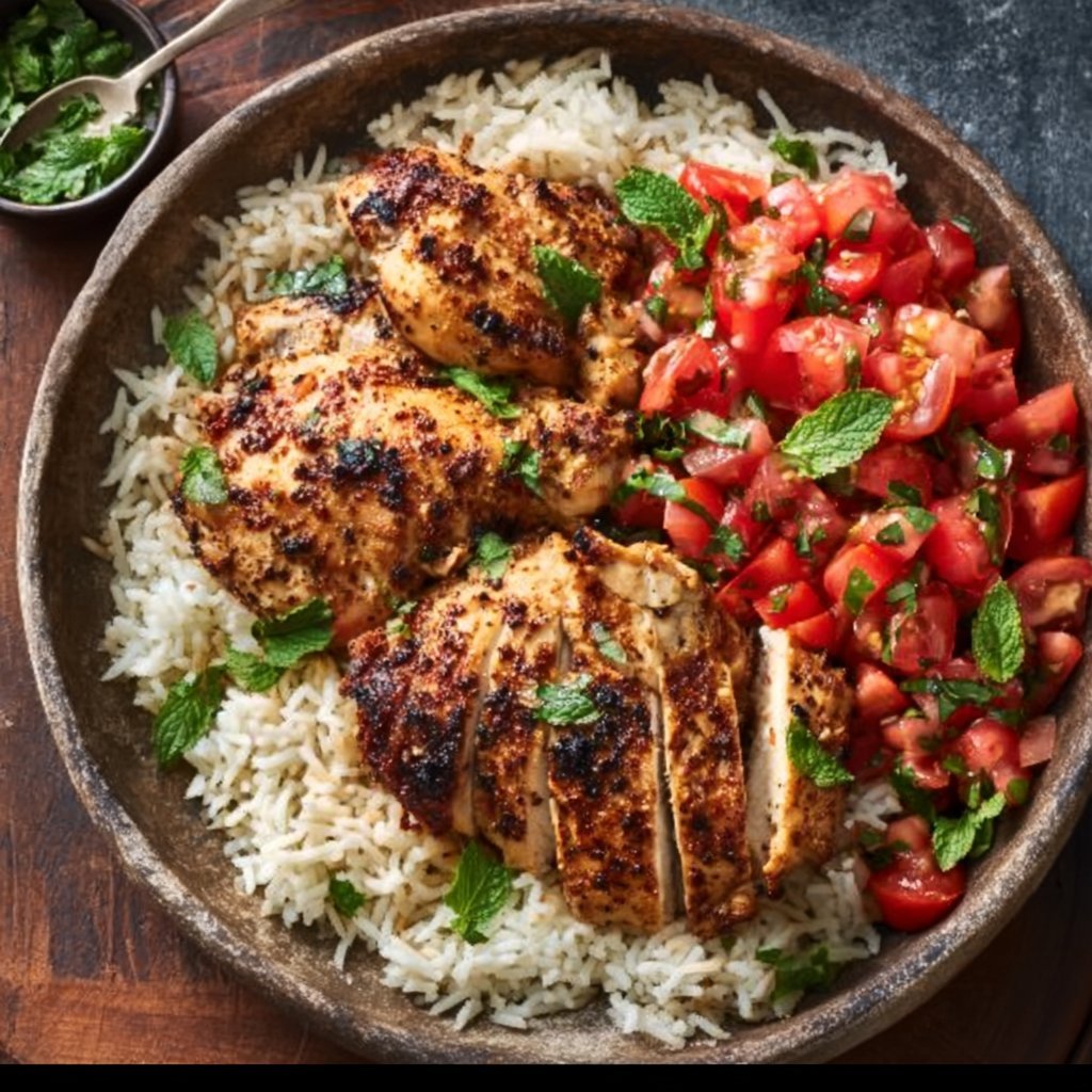 Chicken and Rice with Tomato Salad