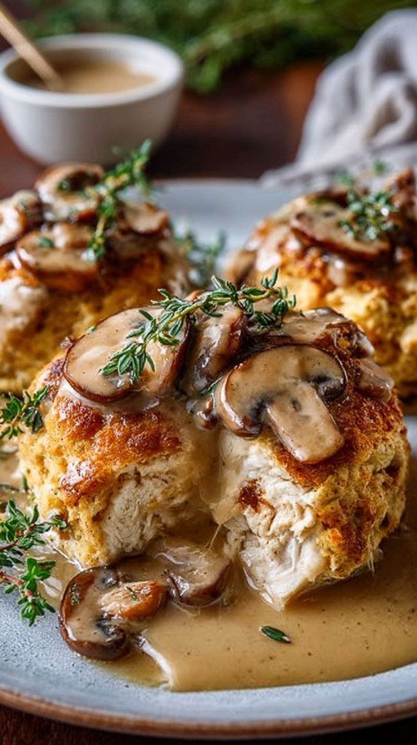 Creamy Chicken and Mushroom Pillows with Savory Gravy