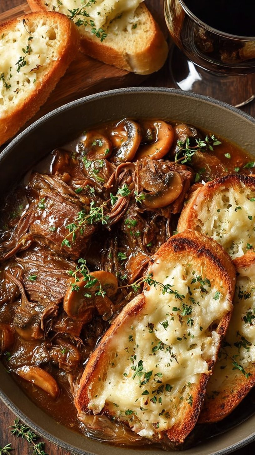 Savory French Onion Braised Beef with Mushrooms and Gruyère Toast