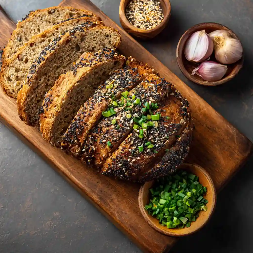 Sliced Lentil Cottage Cheese Sesame Bread topped with sesame seeds and herbs