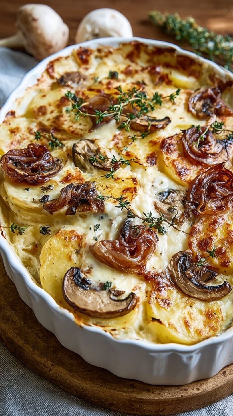 Creamy Potato, Mushroom, and Brie Bake with Caramelized Onions