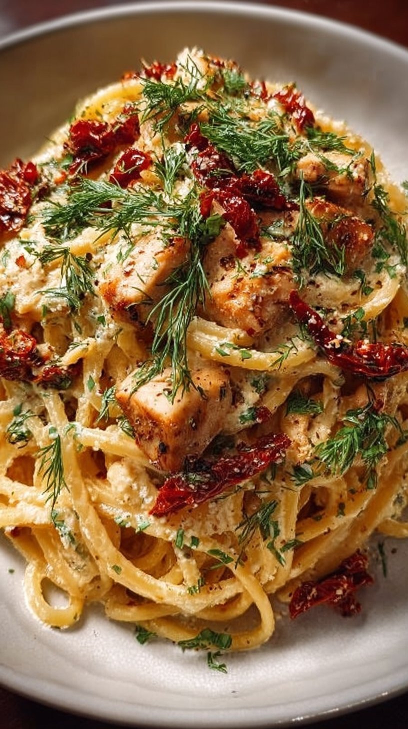 Creamy Chicken and Sun-Dried Tomato Spaghetti with Dill