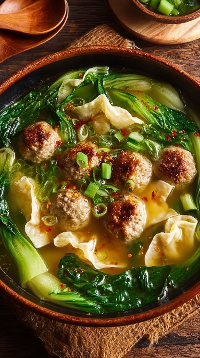 Ginger Chicken Meatball Soup with Baby Bok Choy and Wonton Strips