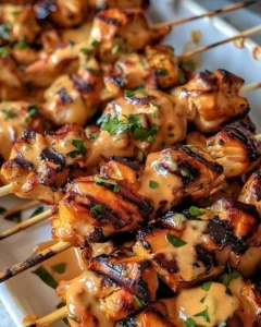 Delicious Air Fryer Bang Bang Chicken Skewers served on a plate.