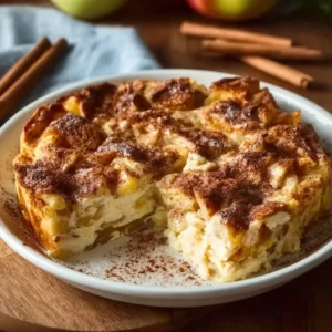 Baked dish of apple cinnamon cottage cheese topped with cinnamon and apples
