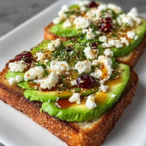 Plate of avocado feta toast topped with herbs and spices.