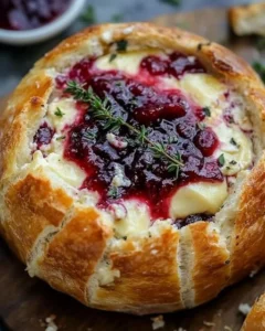 Baked Brie in a bread bowl with cranberry sauce and thyme garnishes.