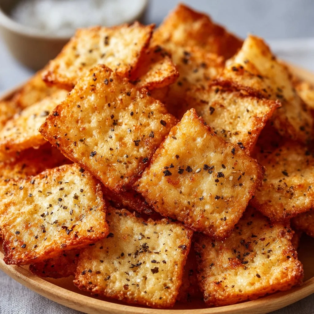 Baked cottage cheese chips served in a bowl for a healthy snack option