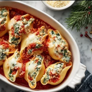 Delicious Christmas stuffed shells filled with creamy cheese and festive herbs