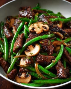 Black Pepper Beef stir-fry with mushrooms and green beans