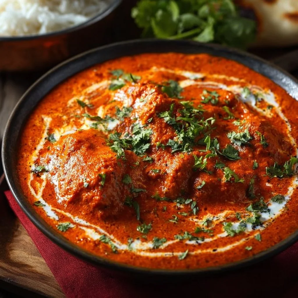 Delicious butter chicken served with rice and naan bread