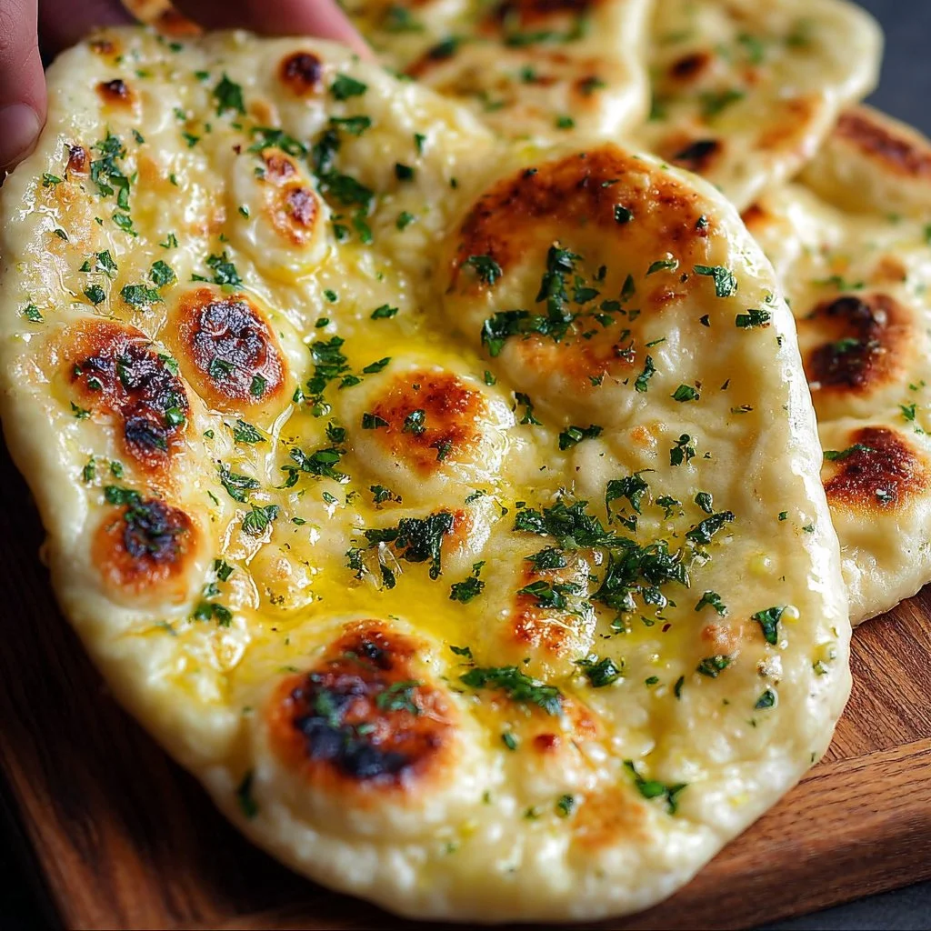 Freshly baked buttery garlic naan bread served with herbs.