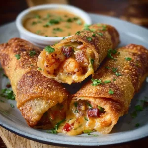Delicious Cajun crawfish and sausage egg rolls served on a plate.