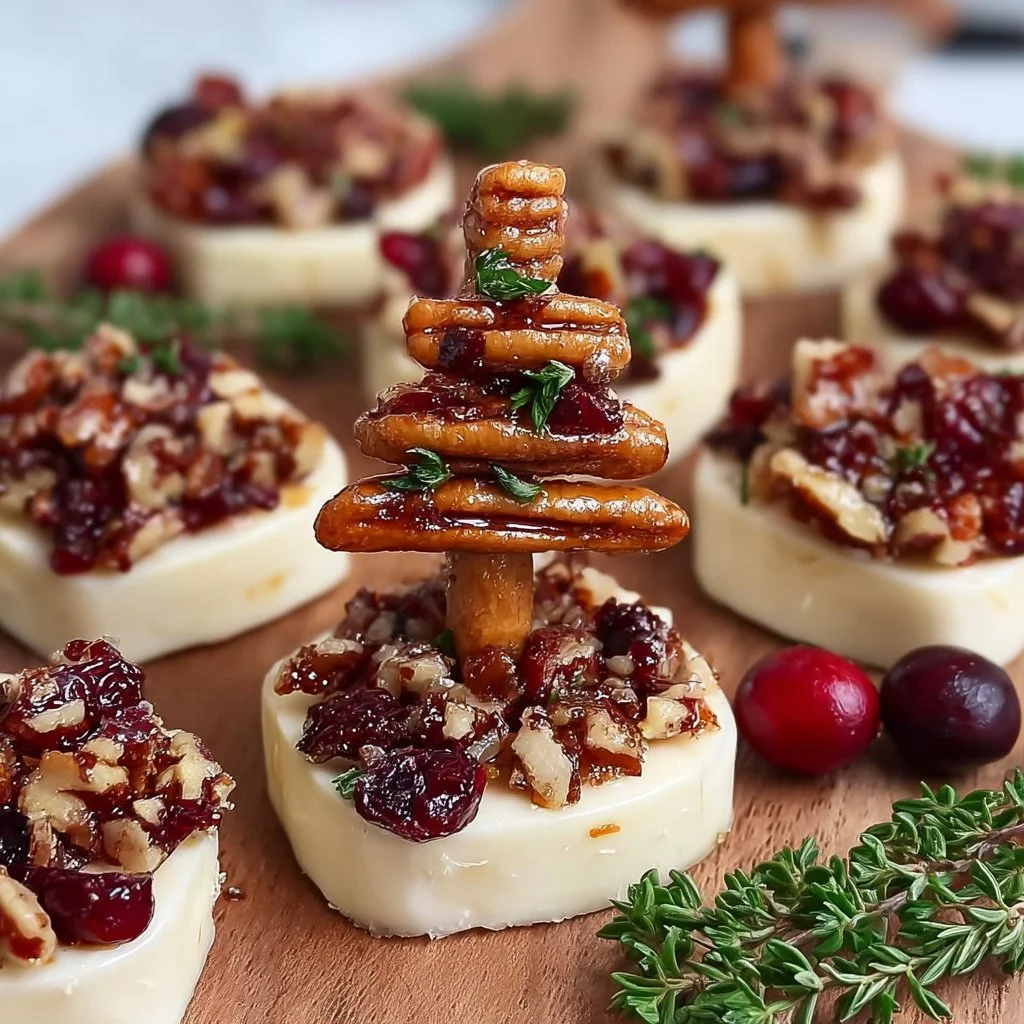 Candied pecan and cranberry brie bites served on a platter