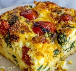 Delicious Caprese Cottage Cheese Egg Bake basil, and tomatoes
