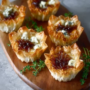 Caramelized onion and cheese phyllo bites served on a platter