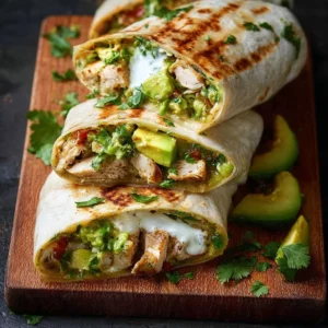 Delicious Chicken and Avocado Burritos garnished with fresh herbs