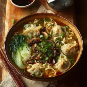 Delicious Chicken and Mushroom Wonton Noodle Soup served in a bowl