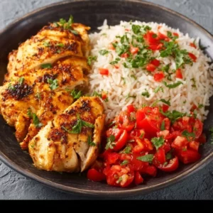 Chicken and Rice served with a vibrant tomato salad on a plate