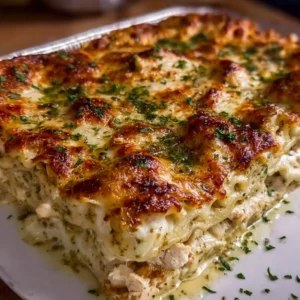 Delicious Chicken Pesto Alfredo Lasagna dish garnished and ready to serve.