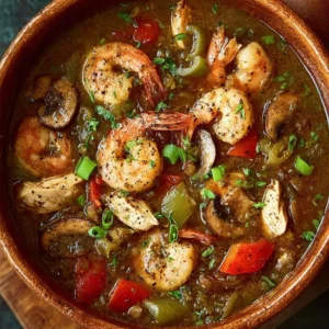 Delicious Chicken, Shrimp & Mushroom Gumbo served in a bowl
